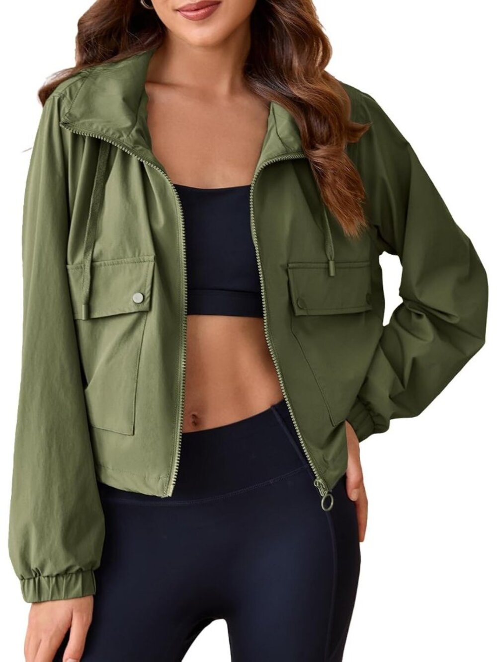 Women Green Elasticized Cuffs Long Sleeve Pocket Hooded Zipper Cropped Jackets
